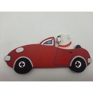 Bulldog Dandy Wooden Painted 3-D Christmas Tree Ornament Red Sports Car